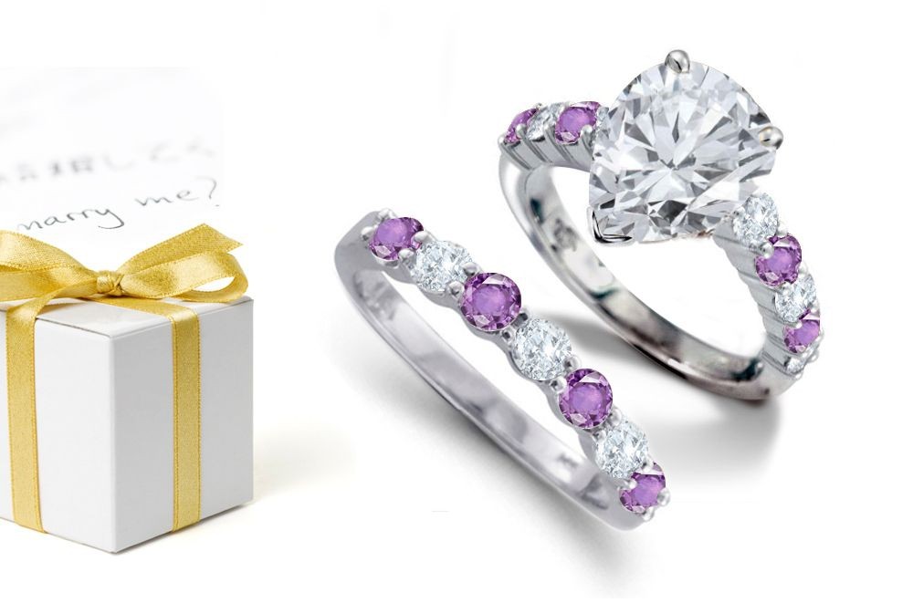 Pear Shape Diamond atop Round Purple Sapphires & Diamonds & 14k Gold Ring & Sapphire Diamond Very Bright Band