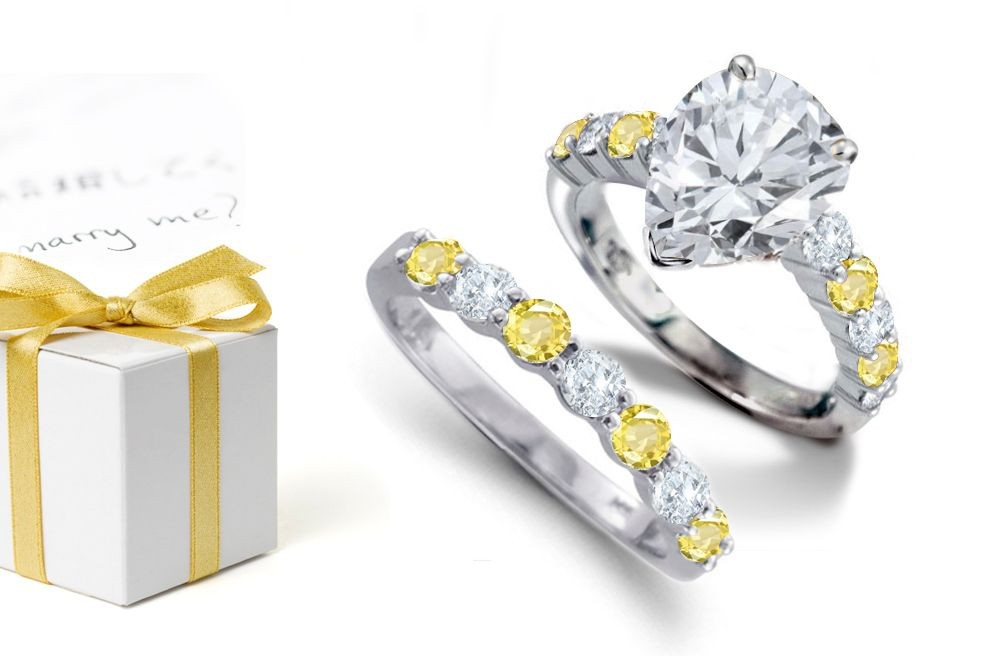 Pear Shape Diamond atop Round Yellow Sapphires & Diamonds & 14k Gold Ring & Color Sapphire Diamond More Intense Band