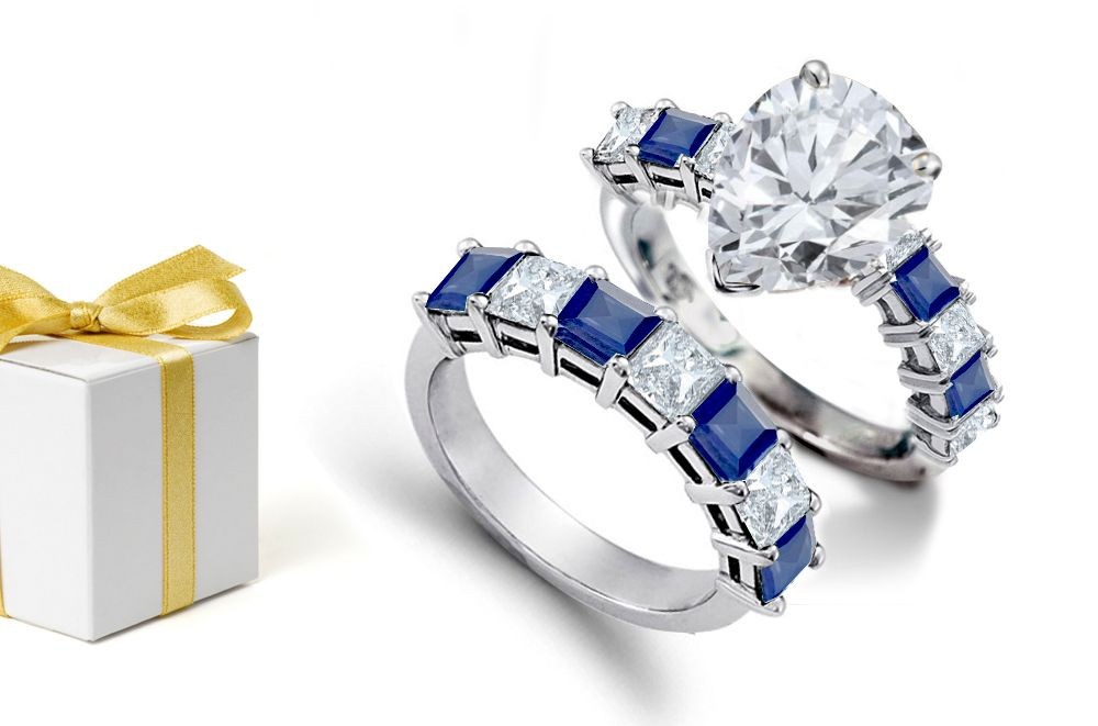 Deep Blue Color: Popular Pear Shape Form Diamond atop Princess Cut Blue Sapphires & Diamonds & 14k Gold Ring & Sapphire Wedding Gold Band