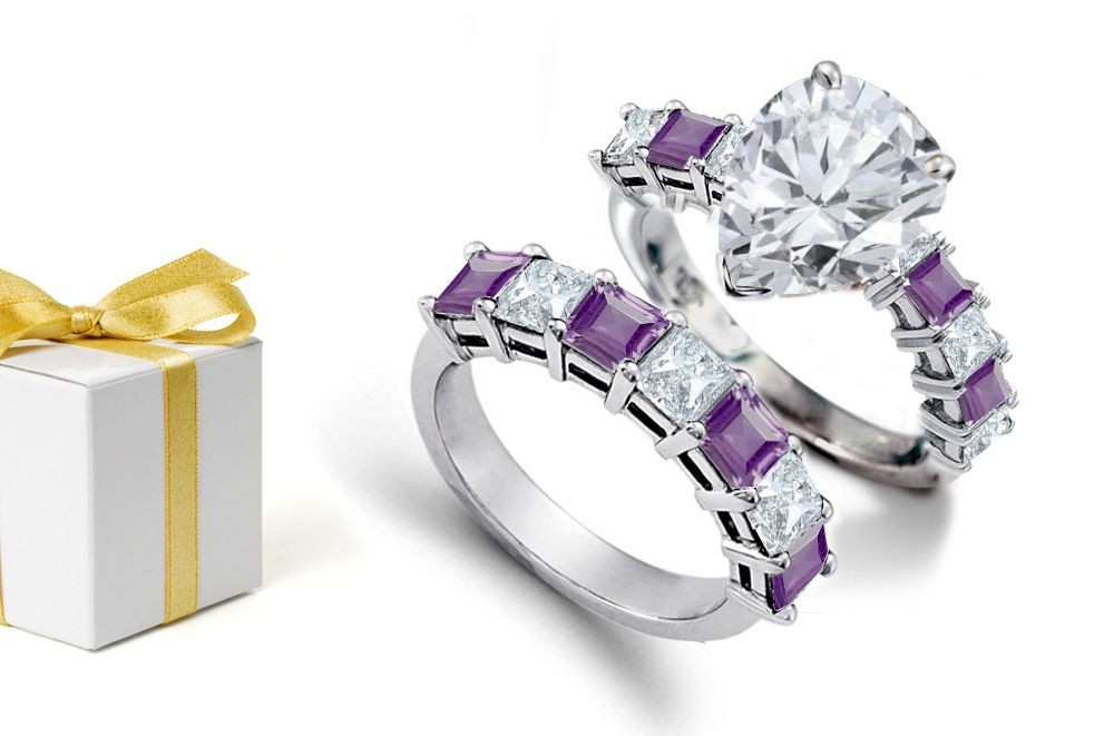 Perfect Looking Rings: Design Pear Shape Diamond atop Square Fine Purple Sapphires Diamonds & 14k Gold Ring & Sapphire Diamond Wedding Band