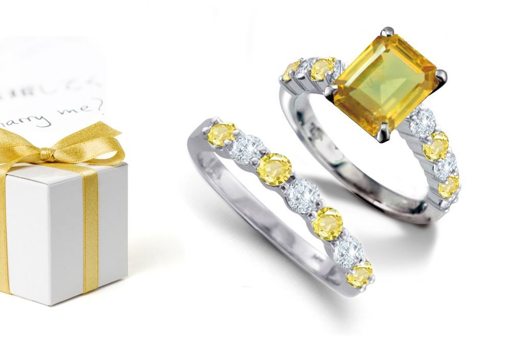 Received Proper Attention: Rich & Brilliant Sparkling Emerald Cut Sapphire atop Round Cut Gem Yellow Sapphires & Diamonds & Engagement Ring & Sapphire Diamond Fashion Band