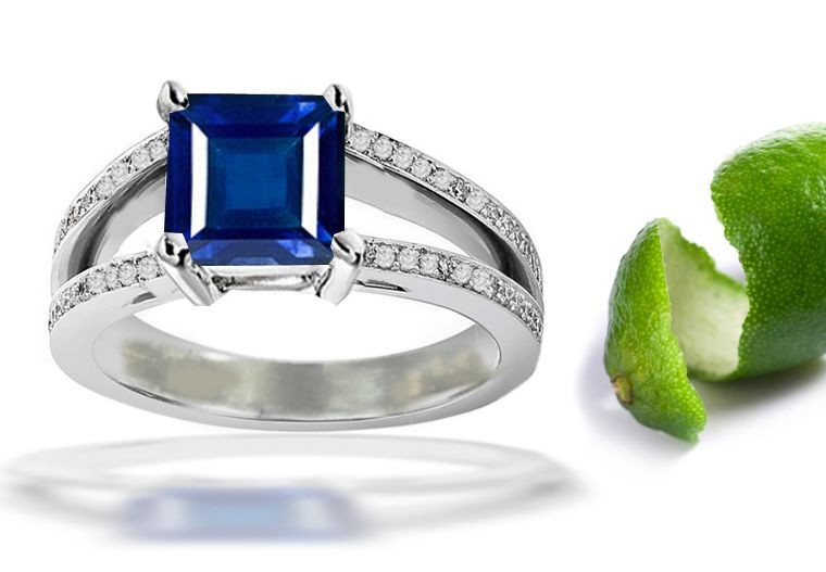 High Degree of Hardness: Pure Dark Deep Color Pave Set Diamond Split Shank Princess Cut Sapphire Finger Ring