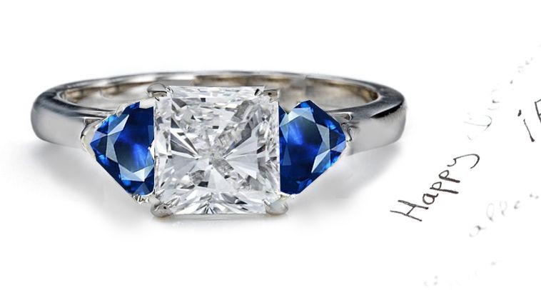 Mirrors Magic From Within: 3 Stone Princess Cut Diamond & Heart Fine Blue Sapphire Engagement Ring in Gold