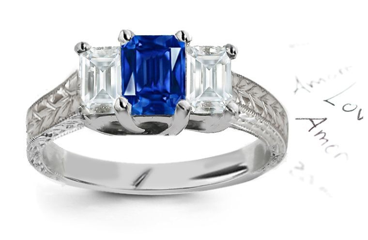 Great Variety of Coloration Three Stone Emerald Cut Diamond & Sapphire Ring