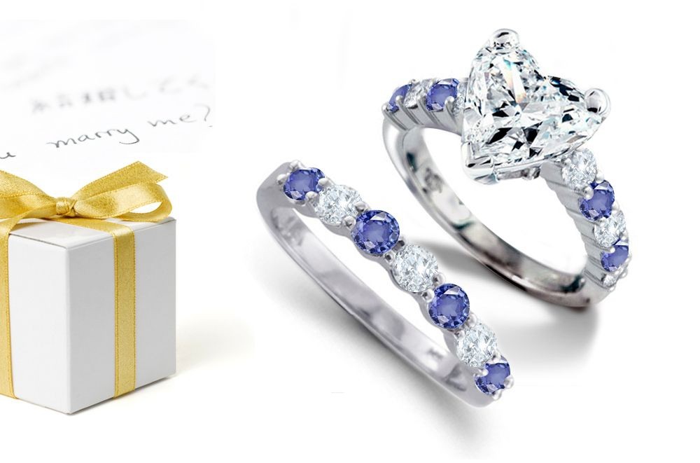 Color of The Sky: Popular Heart Shaped Diamond atop Round Blue Fine Blue Sapphires & Diamonds & Platinum Ring 