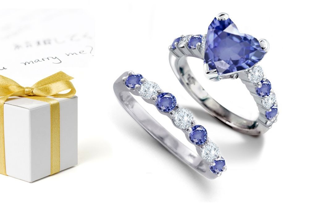 Just Shimmers in Colors: Heart Deep Blue Sapphire atop Round Blue Sapphire Diamond Ring & with Sapphire Diamond Band
