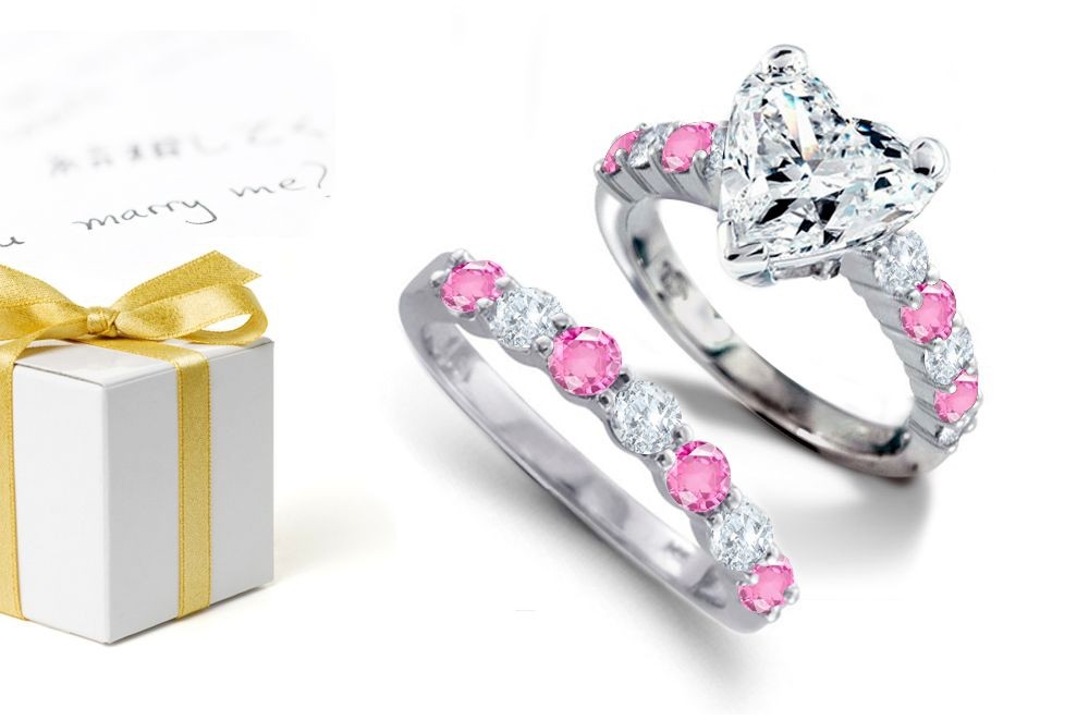 Of Colours: Popular Heart Shape Diamond atop Round Rare Deep Pink Sapphire & Diamond Ring & with A Sapphire Diamond Band
