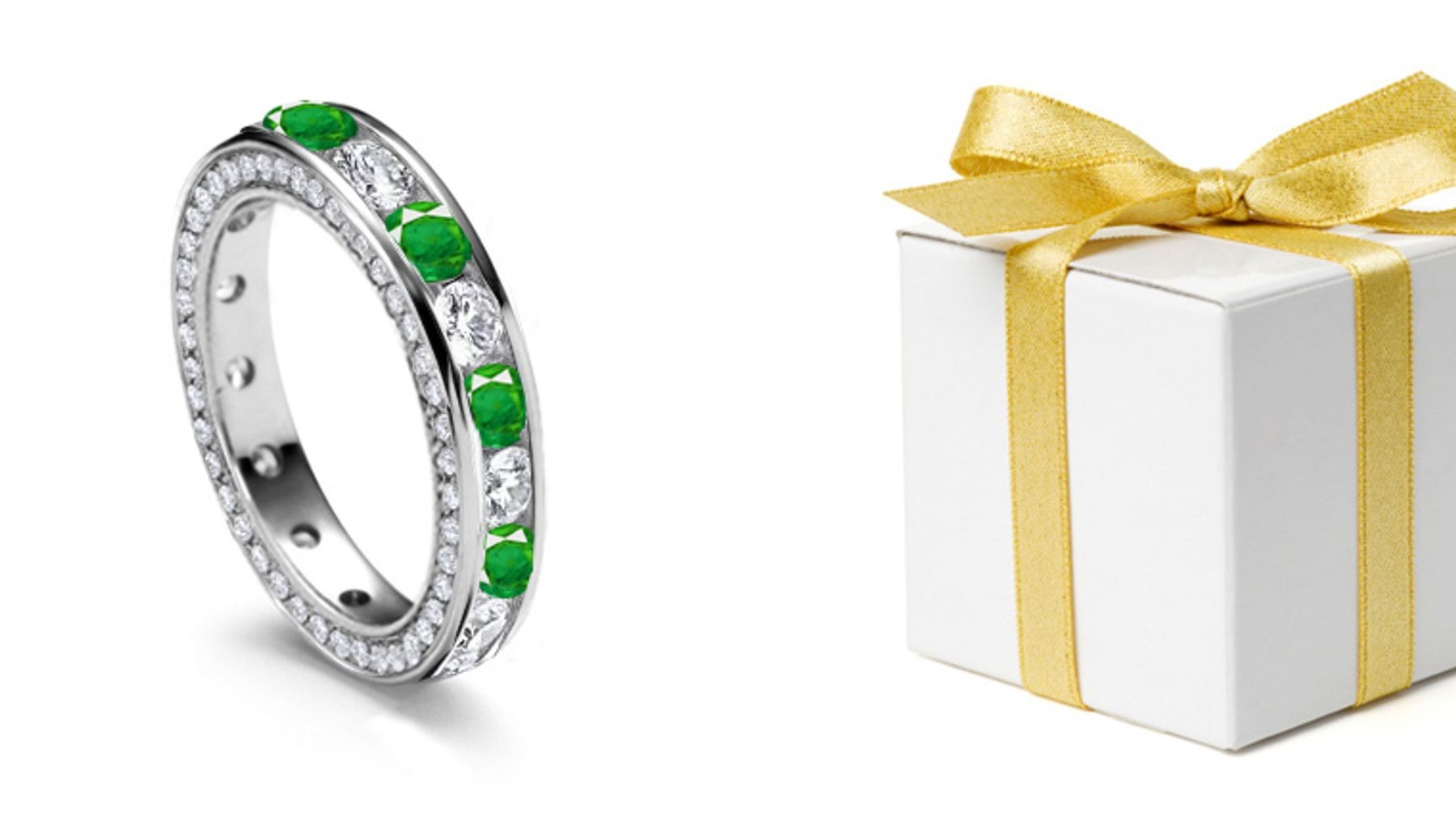 Exclusive: Channel Set Round Diamond & Emerald Band in Platinum & 14k Gold Ring Size 3 to 8
