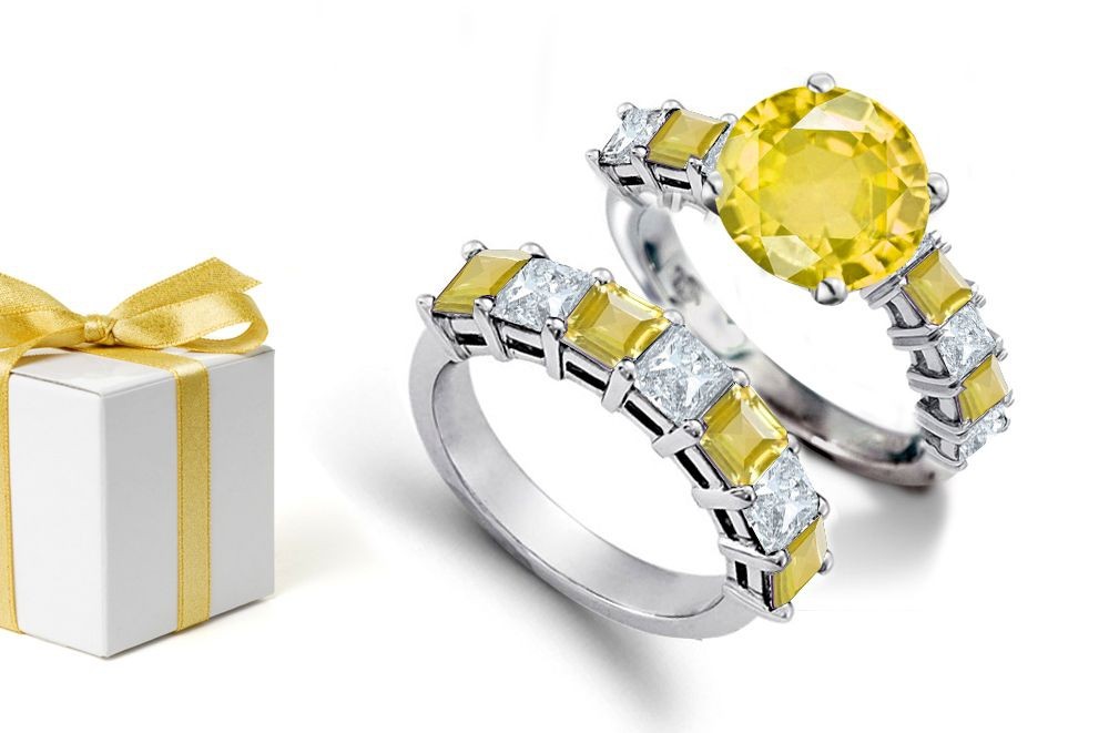 Impressive Sapphire Jewels: This 14K Yellow Gold Round Diamond & Sapphire Bridal Set