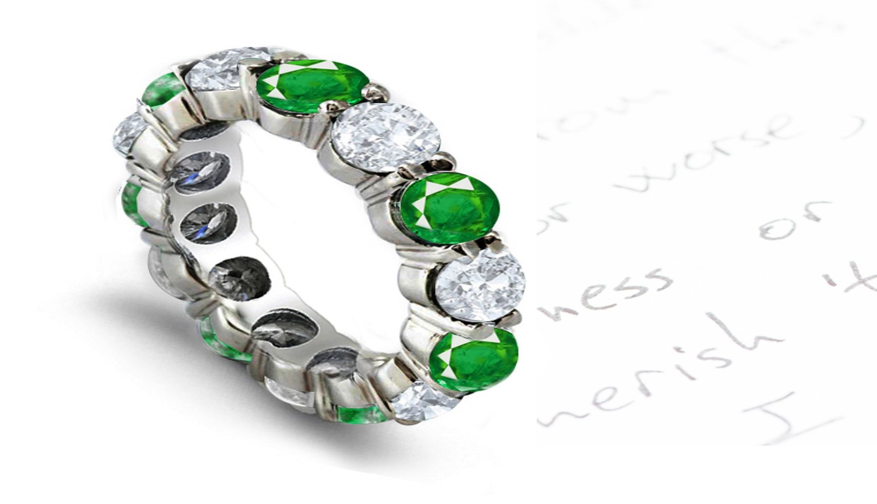 Classic Brilliant Cut Round Diamond & Bluish Green Emerald Shared-Prong Eternity Ring in Gold