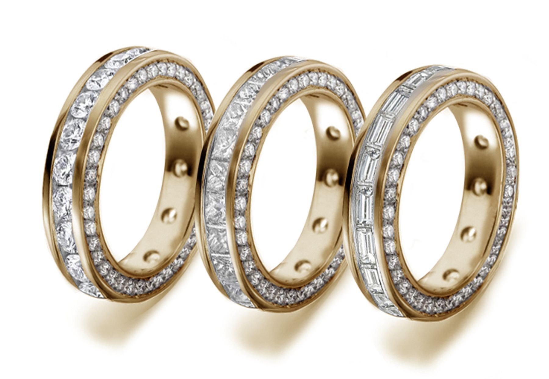 Yellow Gold Diamond Band Decorated with French Cut Diamond Halos on Sides in Gold