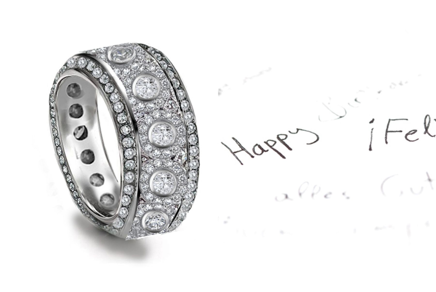 Diamond Band Encrusted with Diamonds & Bezel Set in Center & Bead Set Diamond Halos in Gold