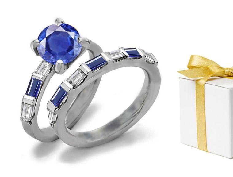 Mystical & Spiritual: Sparkling Deep Blue Color Round Cut 4.30 Sapphire Ring With Diamonds 18 White With 2 Rings of Gold