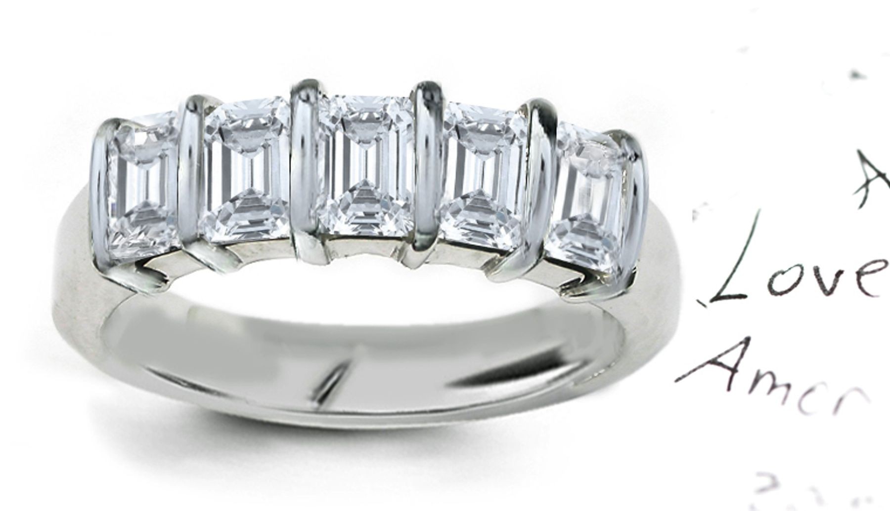 Platinum Bar Set Emerald Cut Diamond Half Eternity Ring.