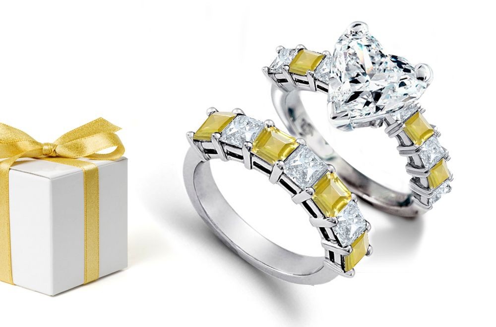 Popular For Hundreds of Years: Heart Diamond atop Square Deep Yellow Sapphire Diamond & Gold Ring Bears Sapphire Diamond Wedding Band