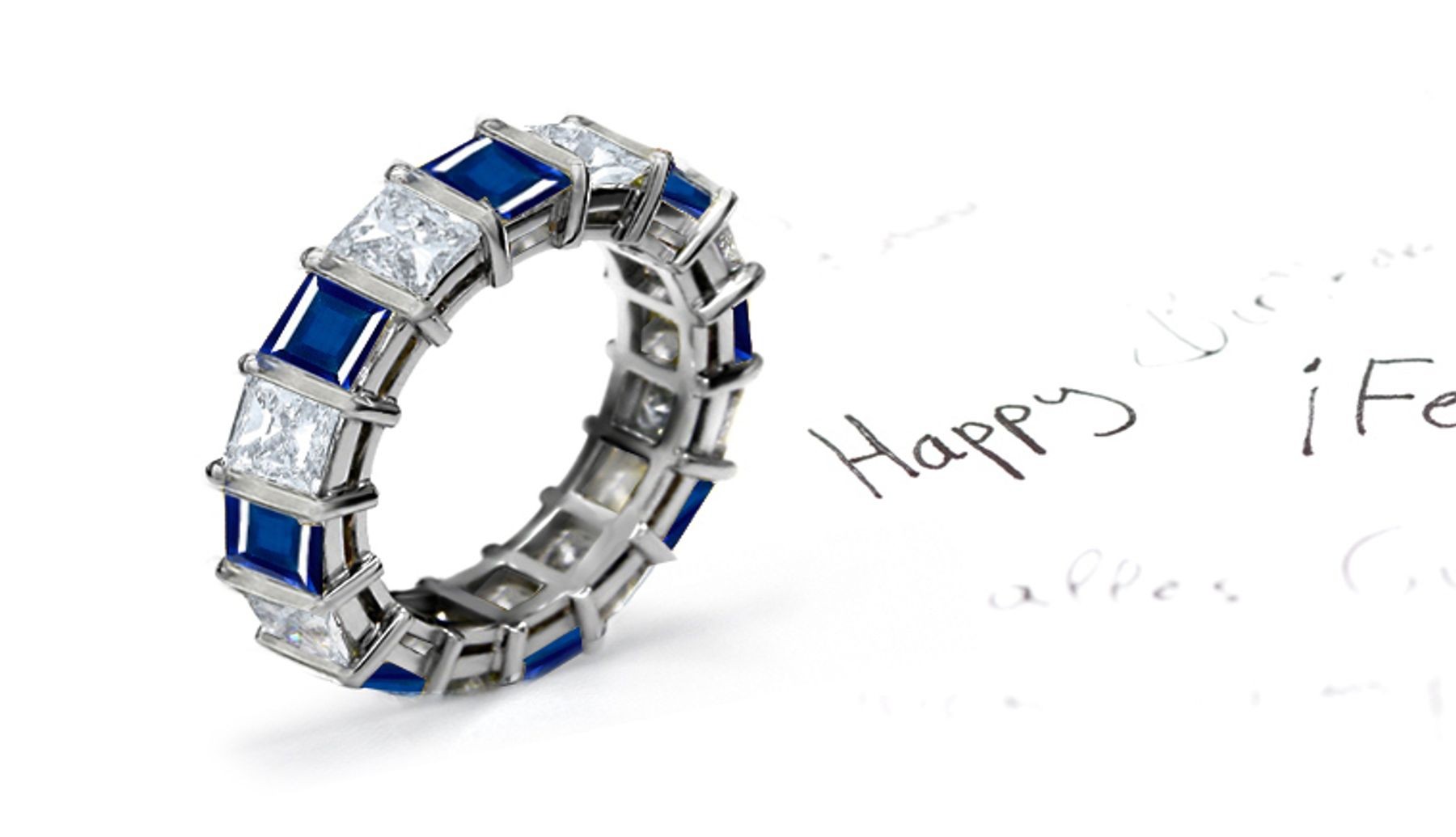 Sparkling: Princess Cut Blue Sapphire and Diamond Bar Set Eternity Wedding Ring