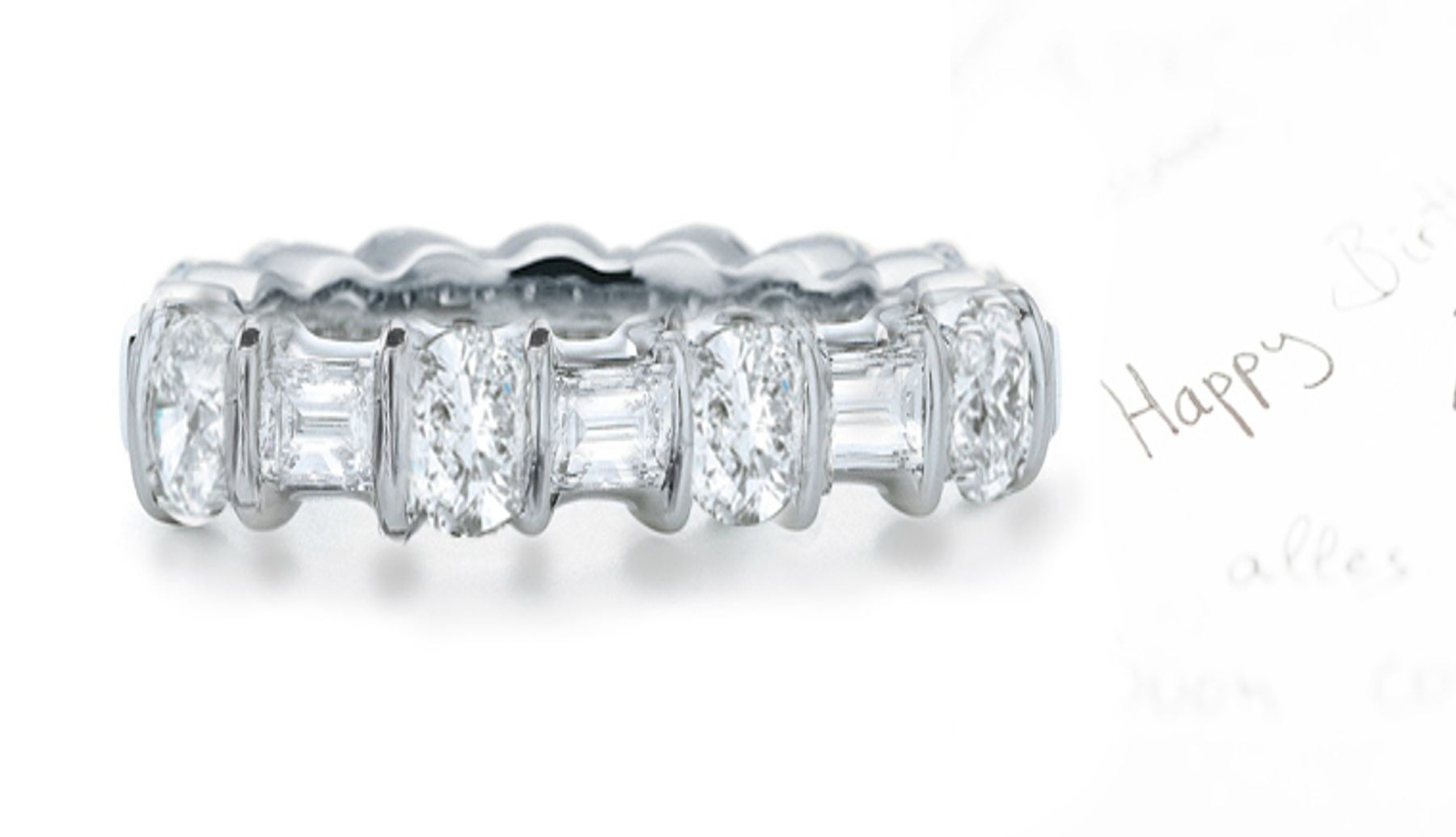 Symbols of Love: View Designer Bar Set Eternity Band with 20 Alternating Round Brilliant & Custom Baguette Cut Diamonds in Platinum & 14k Gold