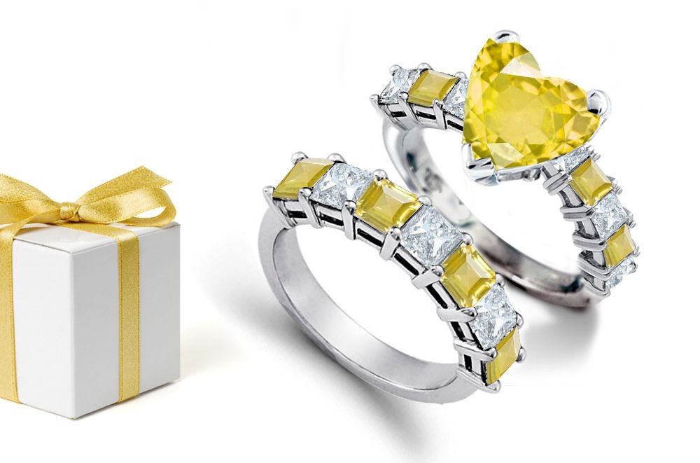 Really Enhances The Sparkling White Light: Popular Wedding Anniversary Heart Sapphire atop Square Deep Yellow Sapphire Diamond & Gold Fashion Ring