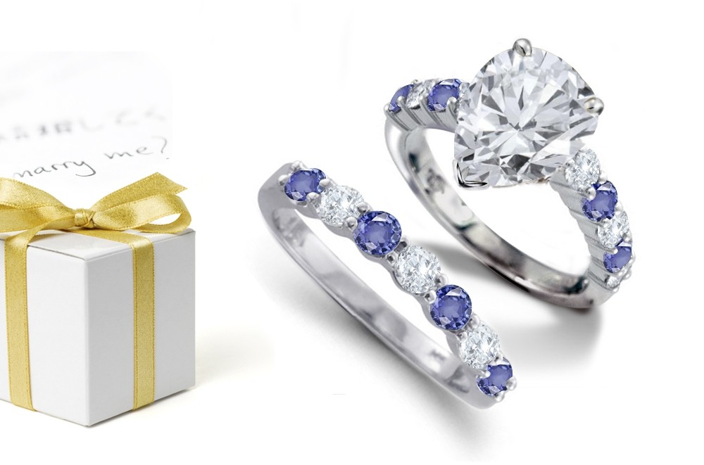 Pear Shape Diamond atop Round Blue Sapphires & Diamonds & 14k Gold Ring & Sapphire Diamond White Light Band