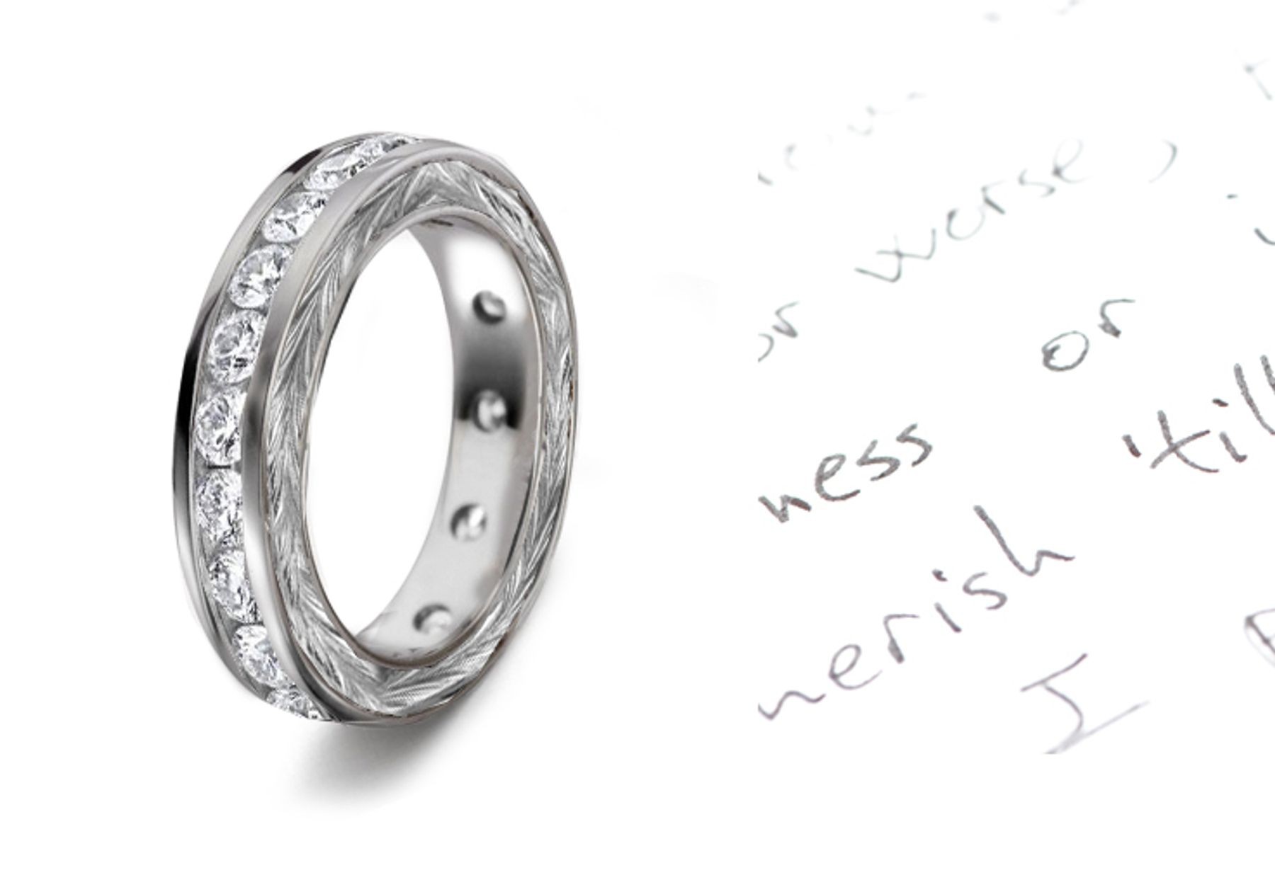 Stunningly Original Ring Design: View This Diamond Wedding Band Surrounded with Hand Engraved 