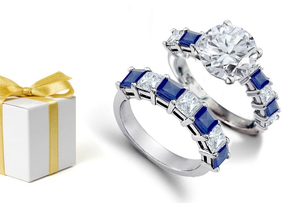 Swirling Fragments of Light: 14K Yellow Gold Brilliant Round Diamonds Accent & Royal Blue Sapphires Bridal Set