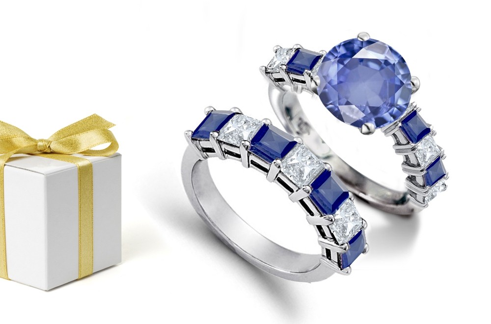 Other Worldly Presences: 14K Yellow & White Gold Sparkling Round Diamonds & Sapphires Blue Stones Bridal Set