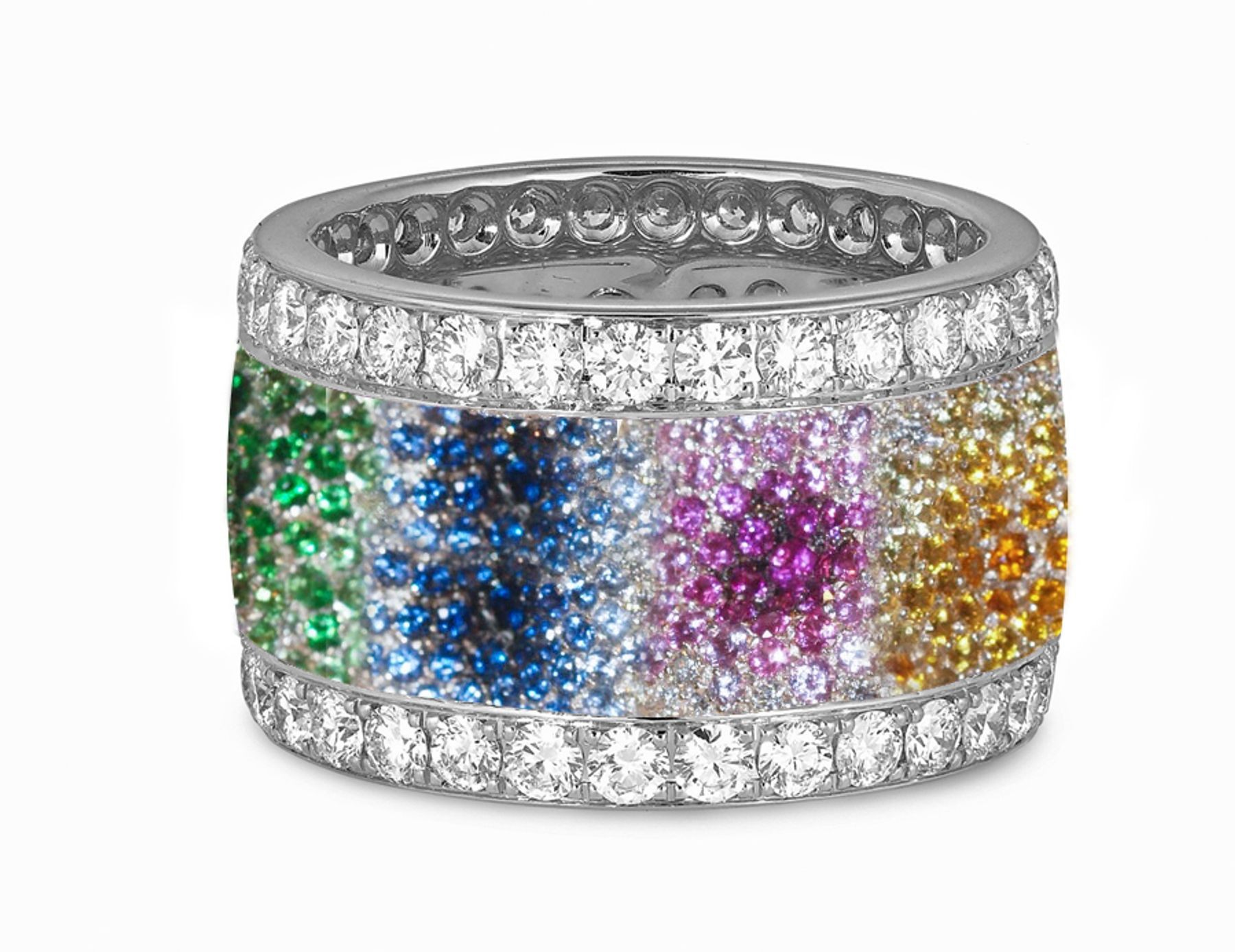 French Micro pave Multiple Rows of Multi Colored Stones & Diamond Eternity Rings