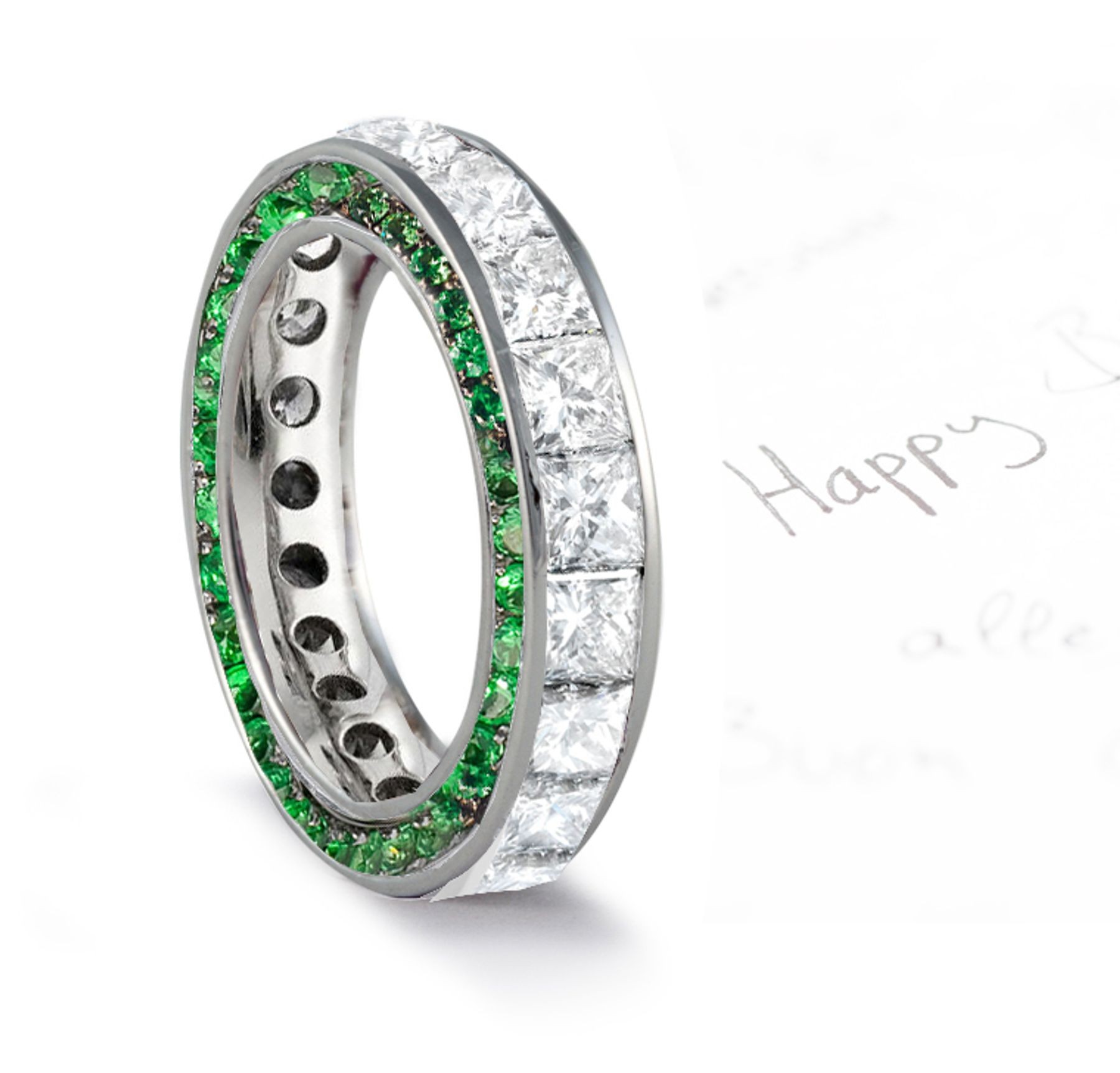 Micro pave Halo  Round Cut Diamond & Lush Green Emerald Eternity Rings