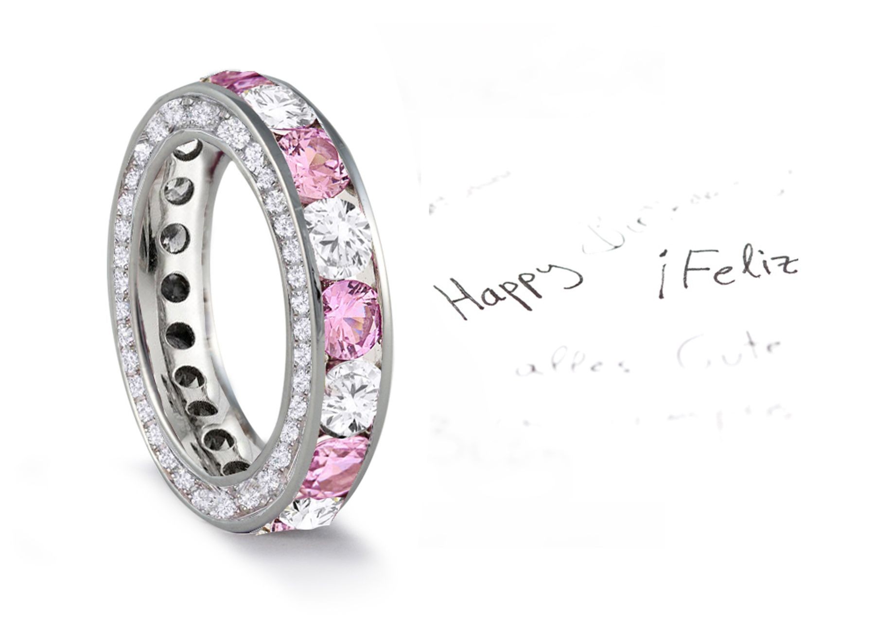 Micro pave Halo Brilliant Cut Round Diamond & Pink Sapphire Eternity Rings