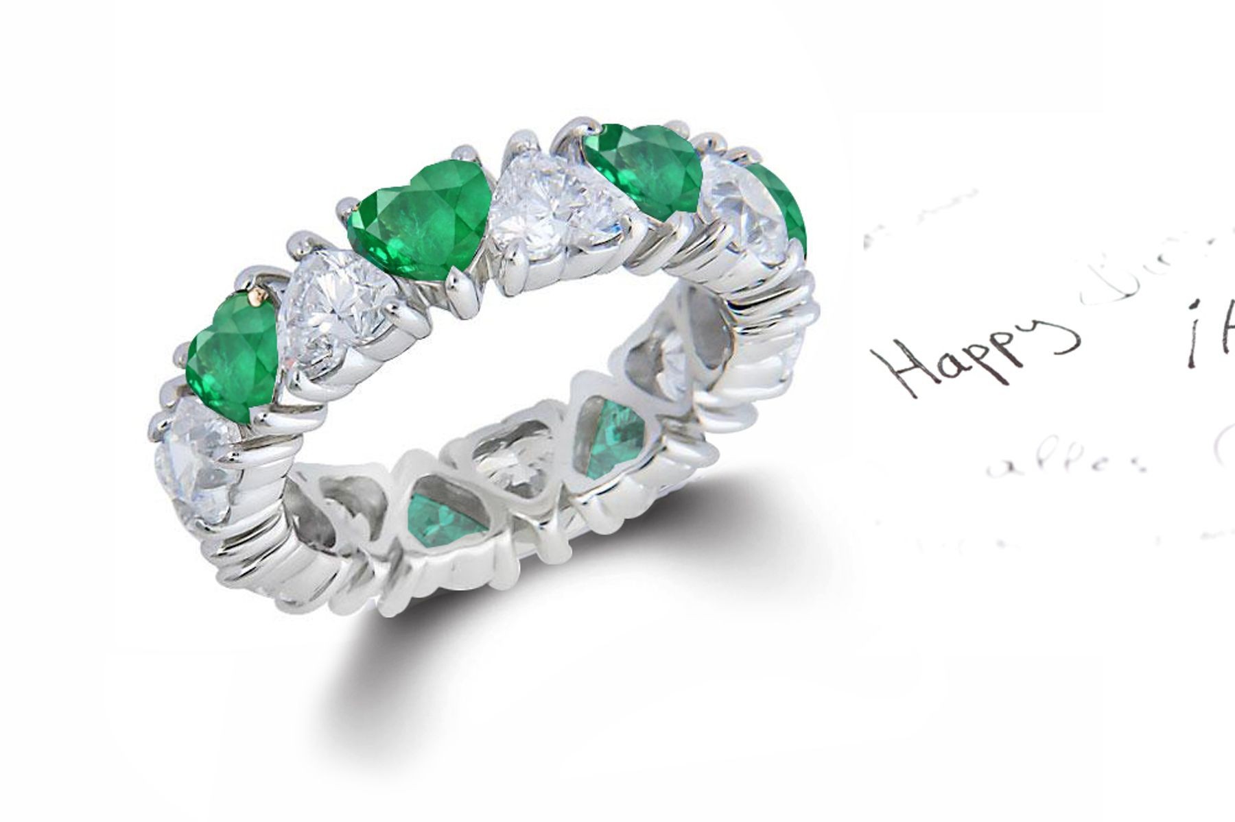 Heart Shaped Diamond Prong Set Diamond & Green Emerald Eternity Rings