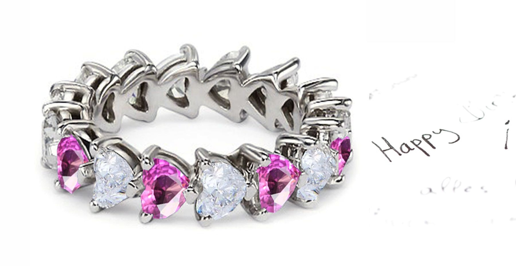 Heart Shaped Diamond Prong Set Diamond & Pink Sapphire Eternity Rings in Gold