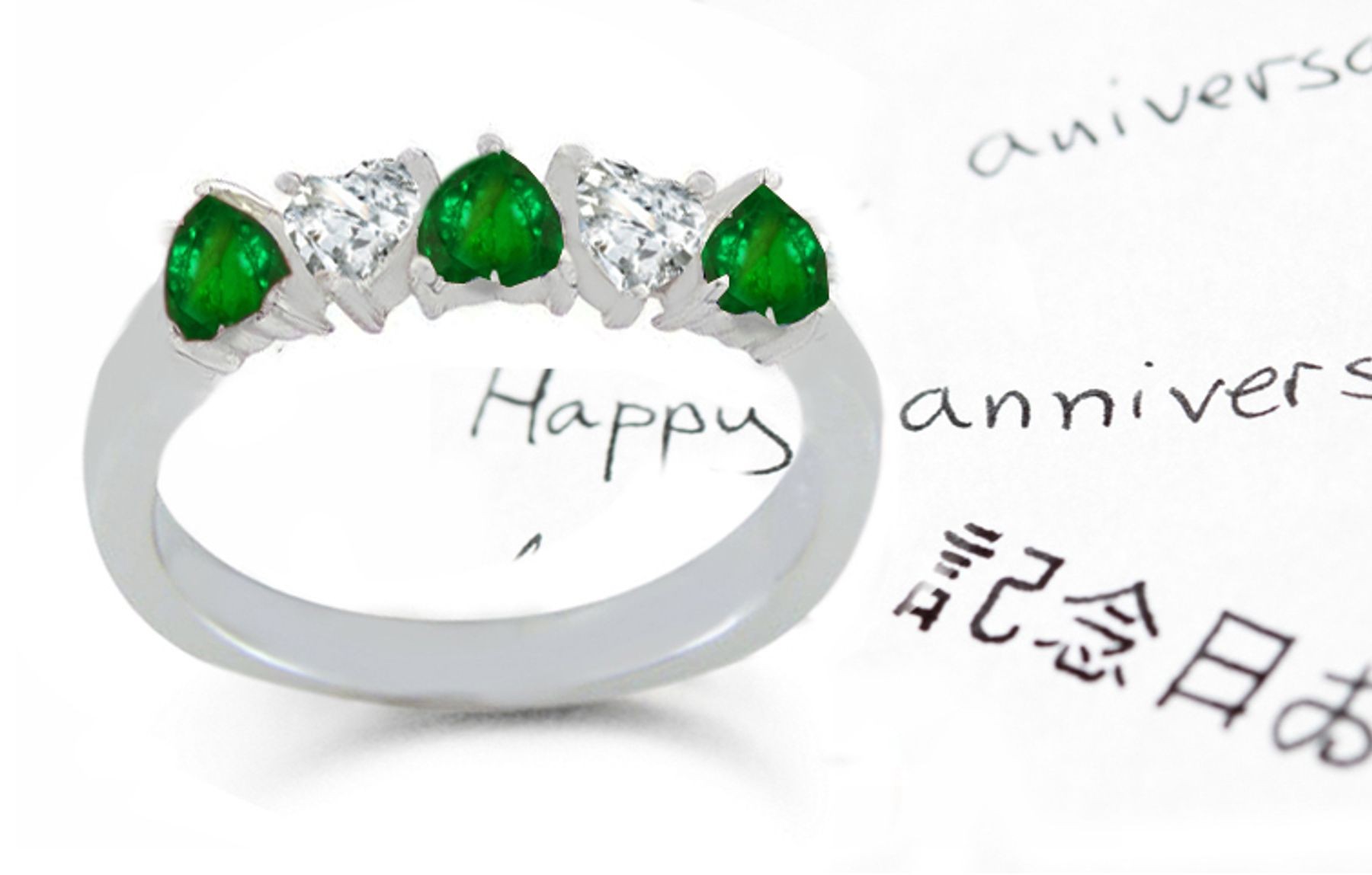 Five-stone Diamond Half Hoop Rings: Whole Heart Diamond & Heart Emerald Five Side Stone Anniversary Hoop Ring