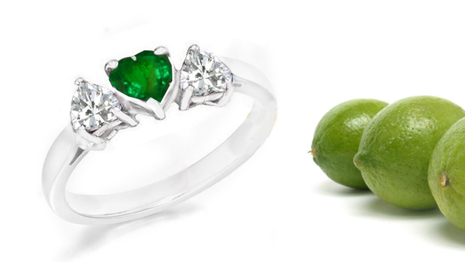 Ladies Three-stone Half Hoop Rings: Center Heart Diamond & Side Heart Emerald 2 Side Stone Anniversary Hoop Ring
