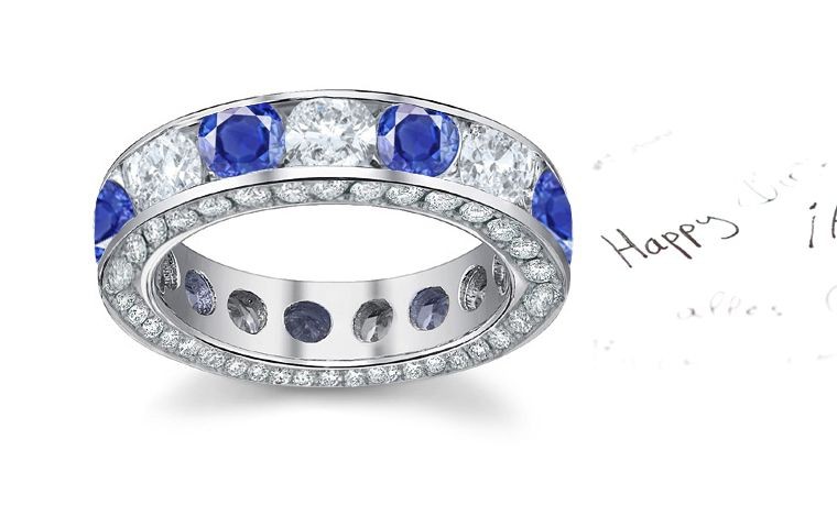 Designer Diamond Blue Sapphire 18k White Band Size 3 to 12