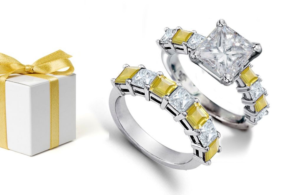 The Stone of Jupiter: Sapphire Square Yellow Stone & White Diamond in this Stylistic Bridal
