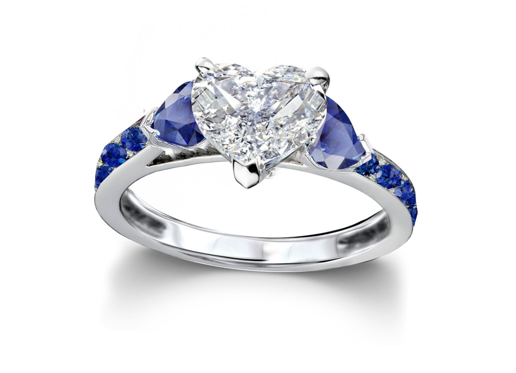 Heart Diamond & Blue Sapphire Three Stone Engagement Ring With Side Accents