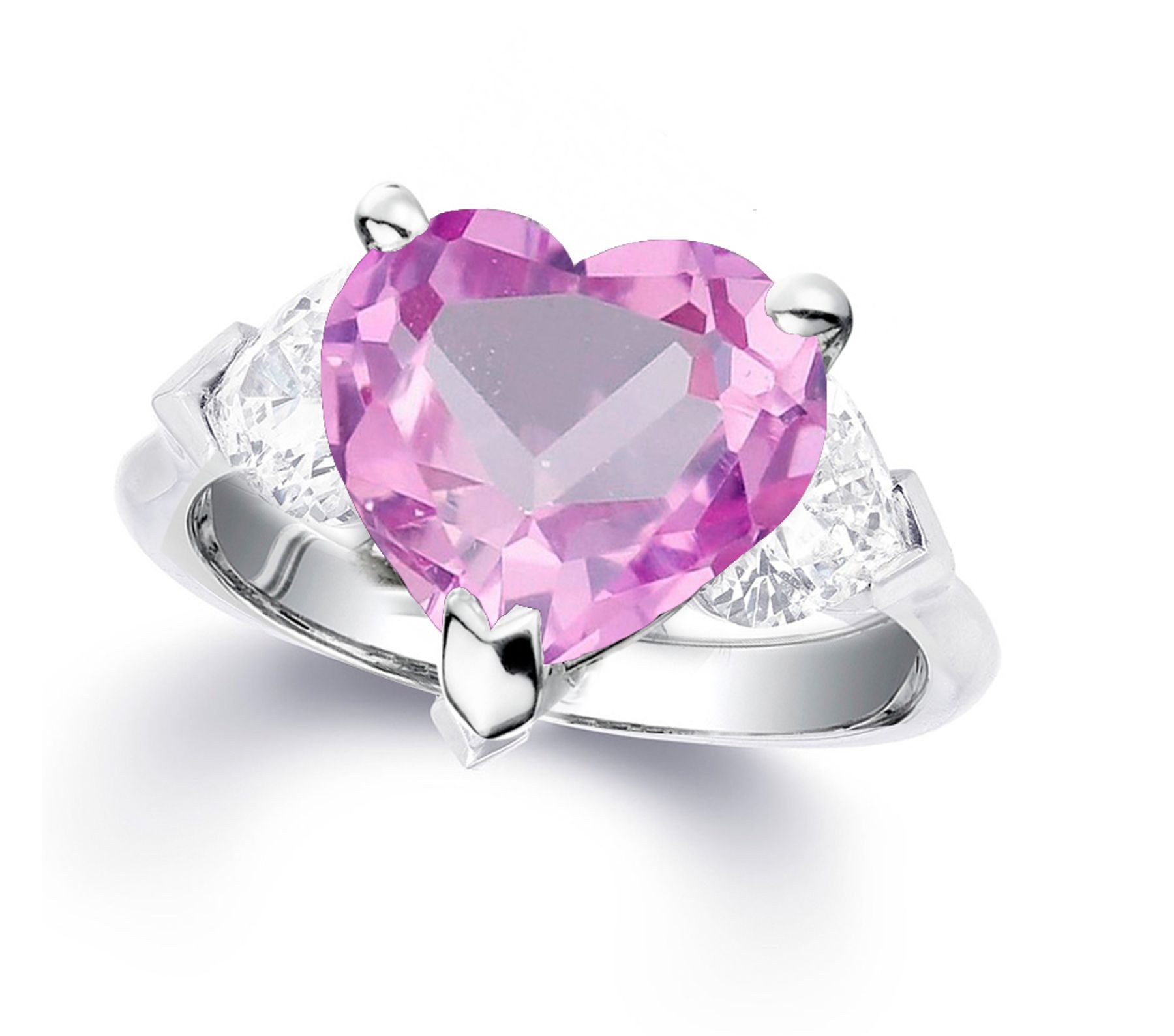 Custom Manufactured Three Stone Heart-Shaped Diamonds & Pink Sapphire Ring