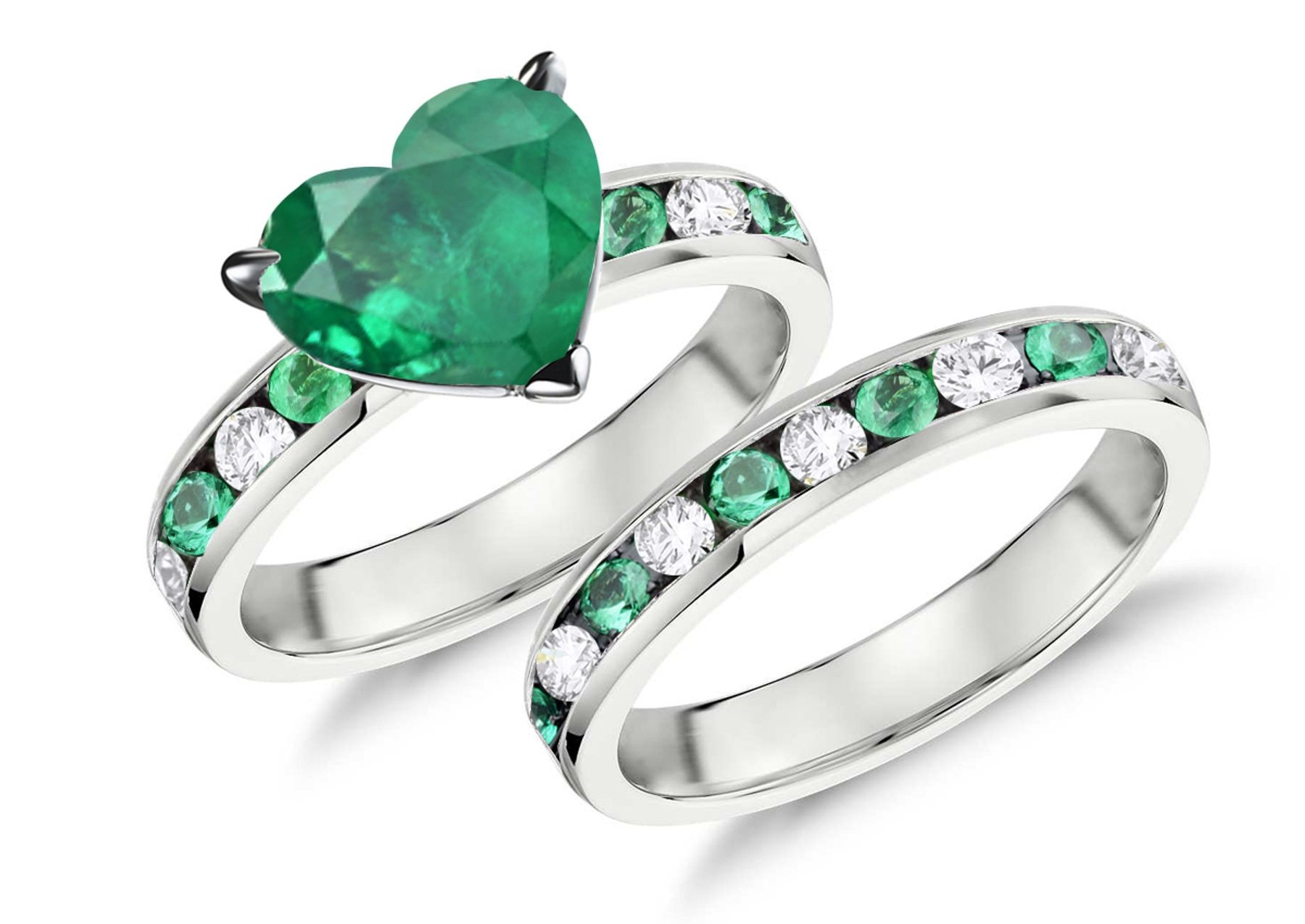 Handcrafted Heart Diamond & Round Green Emerald Bridal Set