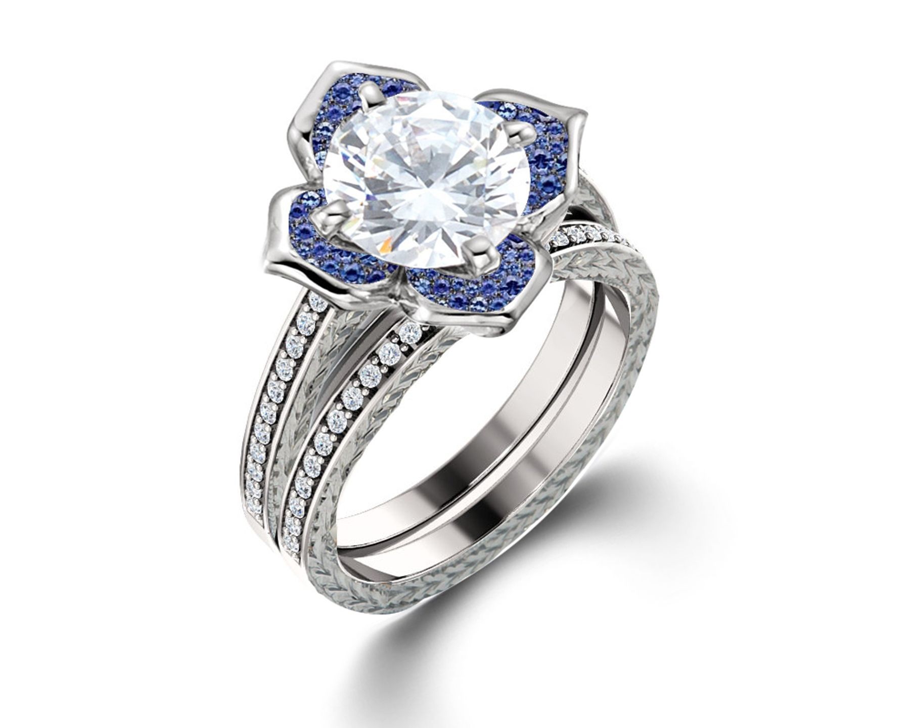 Delicate Micro Pave Halo Vivid Flower Blue Sapphires & Brilliant-Cut Round Diamonds Designer Engagement Rings