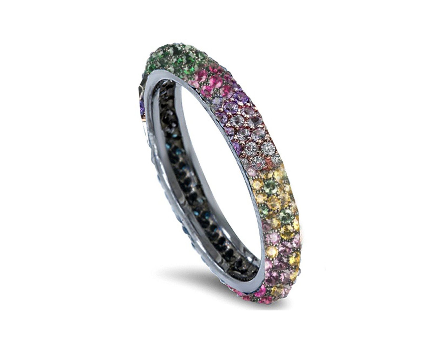 Delicate Women's Eternity Rings Featuring Multi-Colored Diamonds and Gemstones in Halo Precision Micro pave Settings