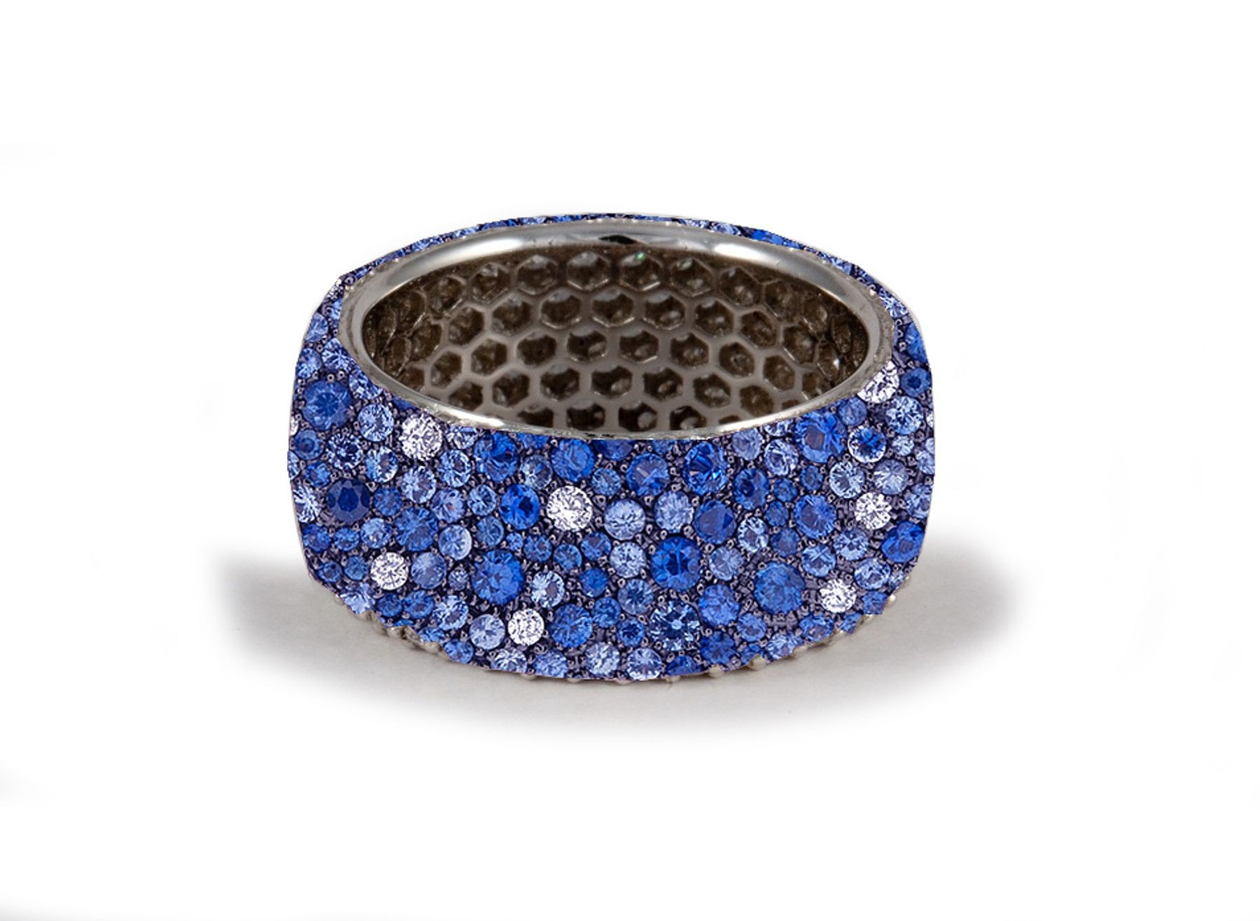 Latest Collection: Women's Halo Micro pave Precision Set Blue Sapphire & Diamond Eternity Rings Available in Gold or Platinum for Wedding or Anniversary
