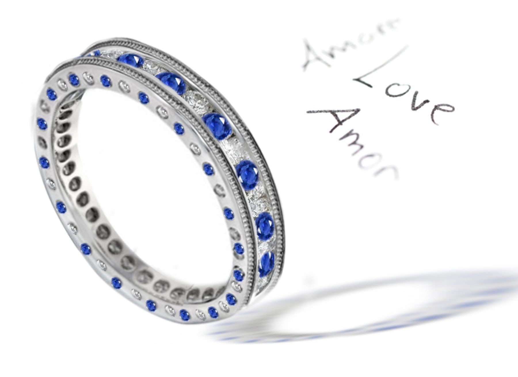 Rushing Swirling Water Blue Sapphire & Diamond Halo Band in Gold