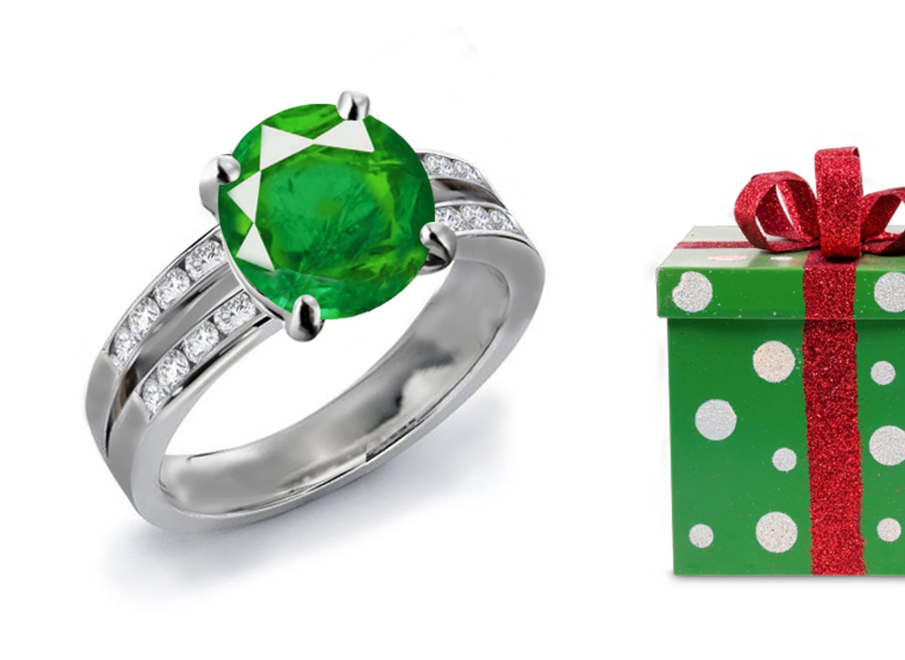 Have The Exclusive Control:Wonderful Crystalline Channel Set Split-Shank Green Emeralds & Diamonds Ring 14k White Gold