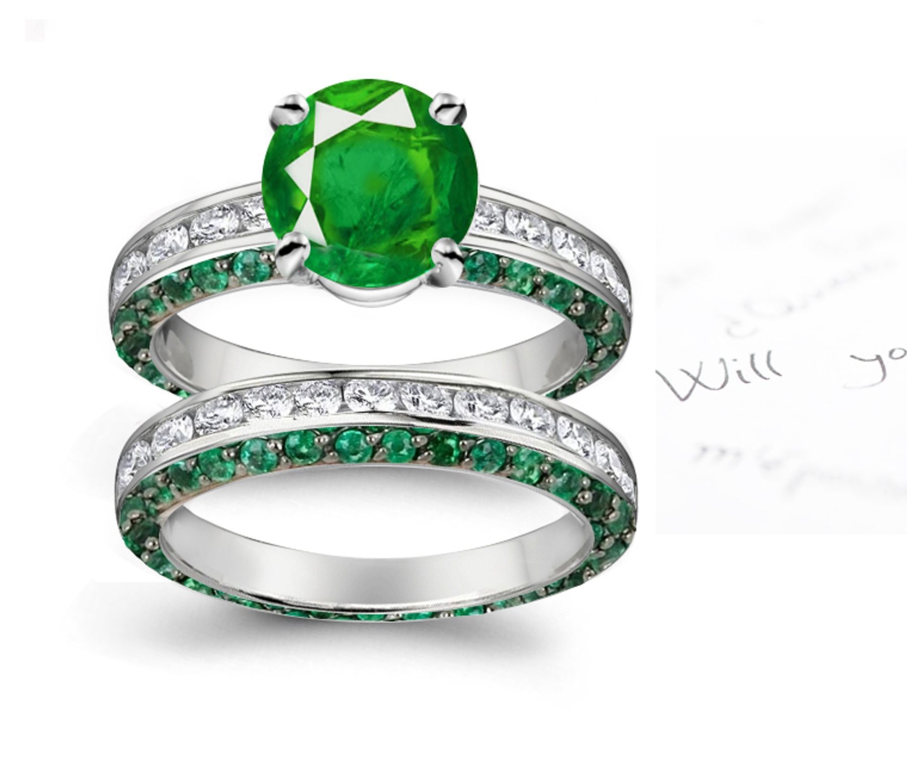 Legendary Pliny & Damigeron:Extrasensory Channel Set Brilliant Green Emerald Diamond Modern Ring Crafted in 14k White Gold