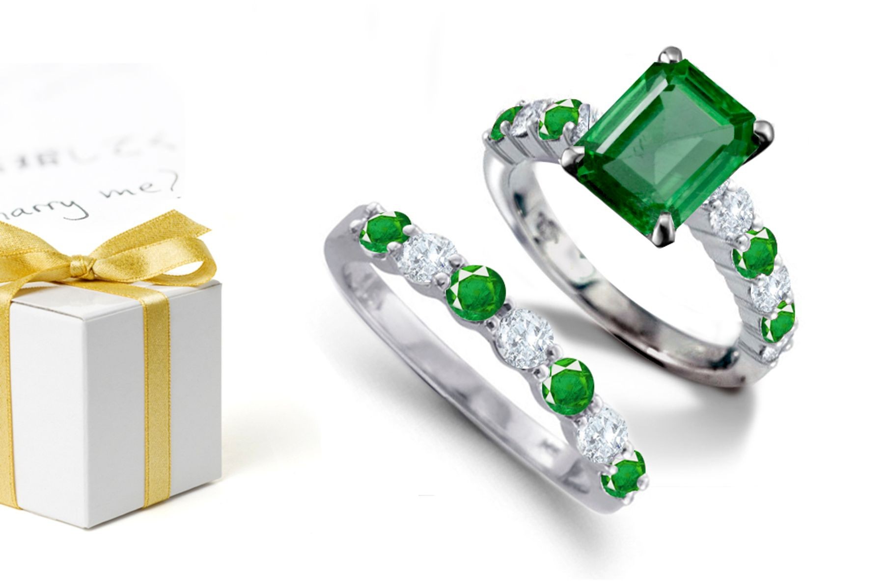 Center Emerald Cut & a Curved Line Emerald & Diamond Ring & A Curved Line of Half Way Point Emerald Diamond Band Size 7