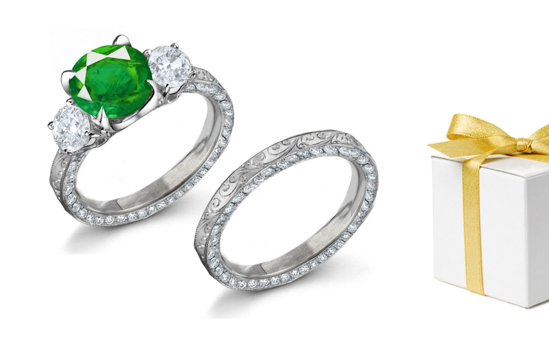 3 Stone Emerald Cut Diamond Halo Engagement Ring & Halo Diamond Engraved Gold Band