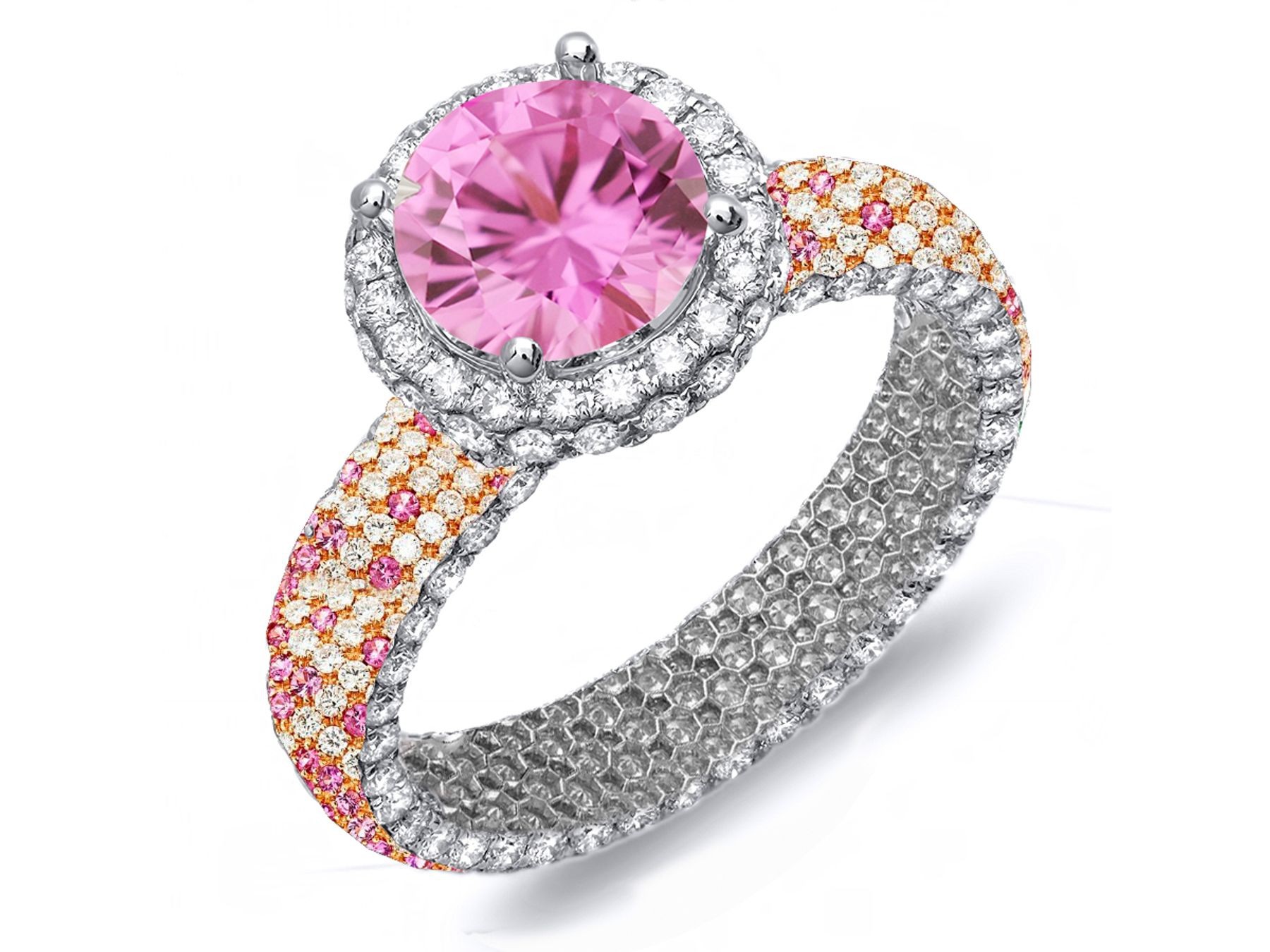 Made To Order Rings Featuring Delicate French Halo Pave Diamonds & Vivid Pink Sapphires