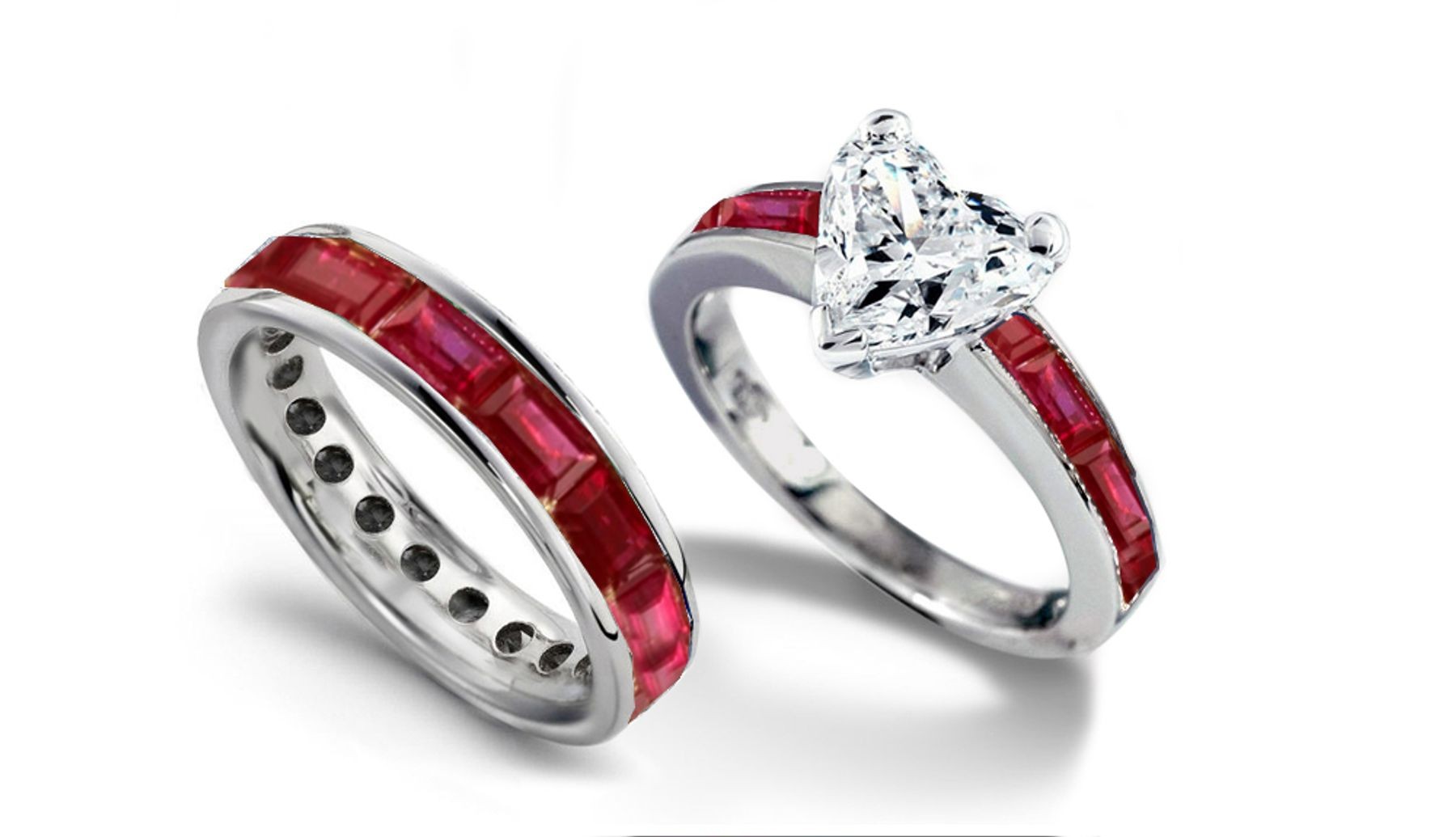 Heart Center Diamond & Baguette Pigeon Red Ruby Engagement Ring & Ruby & Gold Wedding Band