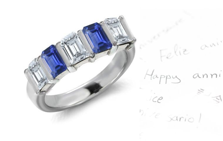 5 Stone Bar Set Emerald Cut Diamond Sapphire Ring
