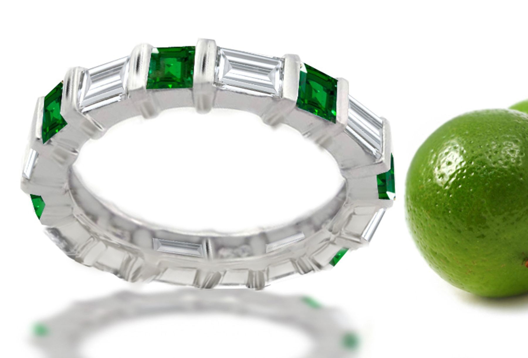 Platinum Princess Cut Emerald & Baguette Diamond Eternity Band